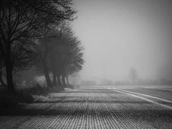 Footpath amidst bare trees against sky during winter