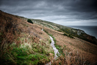 Scenic view of landscape by sea against sky