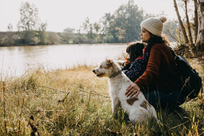 Mother with daughter and dog