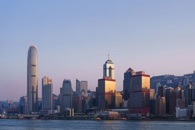 Buildings in city against clear sky