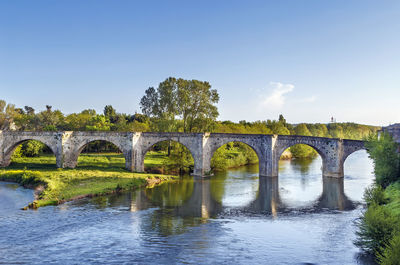 Arch bridge over river against clear sky