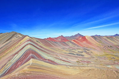 Scenic view of mountain range against blue sky