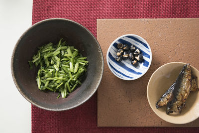 High angle view of food in plate on table