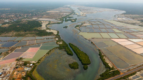 Extraction of salt from seawater by evaporation. salt farm with pools. sri lanka