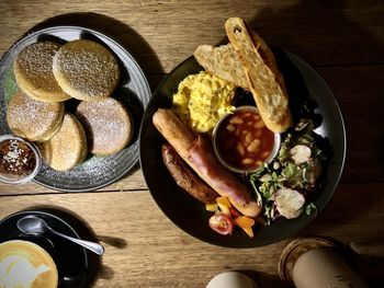 High angle view of breakfast served on table