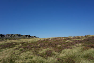 Scenic view of land against clear blue sky