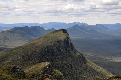 Scenic view of mountains against cloudy sky