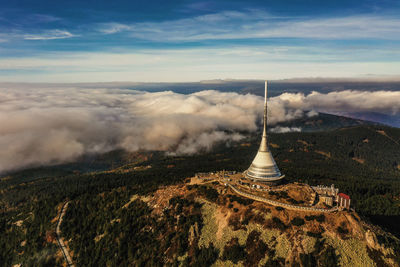 Aerial view of land against cloudy sky