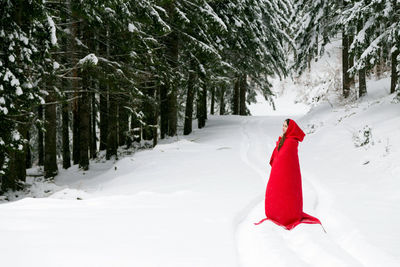 Woman wearing red hooded cloak amidst trees on snowy field