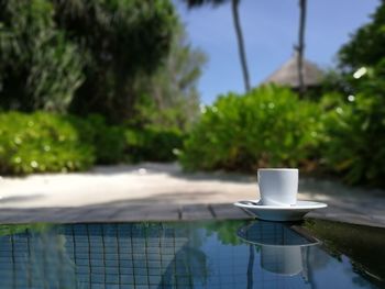 Coffee cup on table by swimming pool