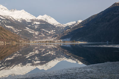 Scenic view of lake by snowcapped mountains against sky