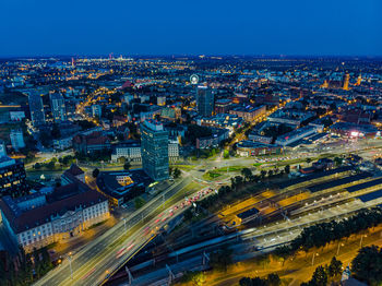 High angle view of city street at night