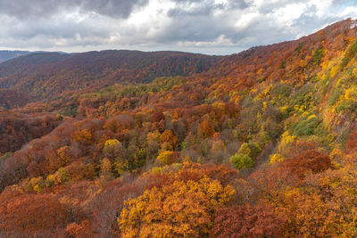 Scenic view of mountains against sky during autumn
