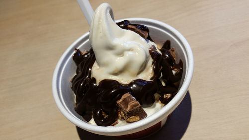 Close-up of ice cream in bowl on table