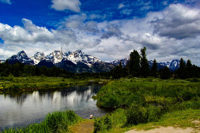 Scenic view of lake and mountains against sky