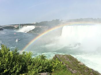 Scenic view of rainbow over waterfall