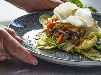 Cropped hands of person holding salad with chopped steak plate