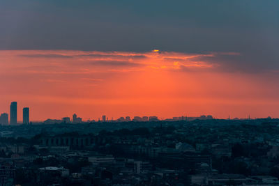 High angle view of buildings against sky during sunset