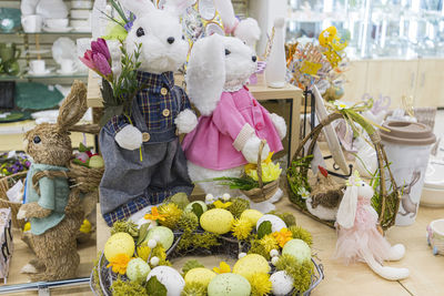 Festive easter attributes hares flowers eggs