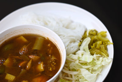 High angle view of soup in bowl on table