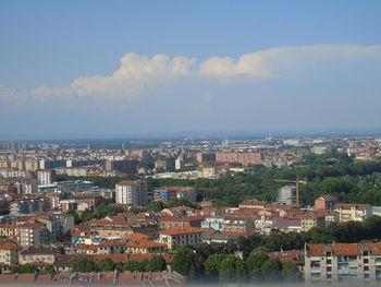 High angle shot of townscape against sky