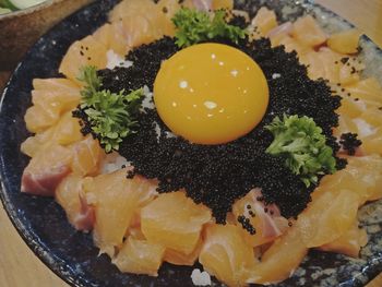 High angle view of breakfast served in plate