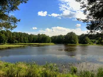 Scenic view of lake against cloudy sky