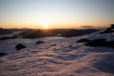 Scenic view of snowcapped mountains against sky during sunset