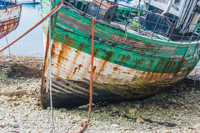 Old boat moored on beach