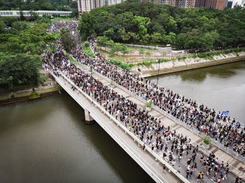 High angle view of people by river