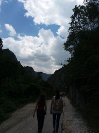 Rear view of people walking on road against sky