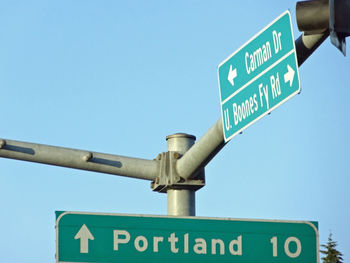 Low angle view of road sign against clear sky