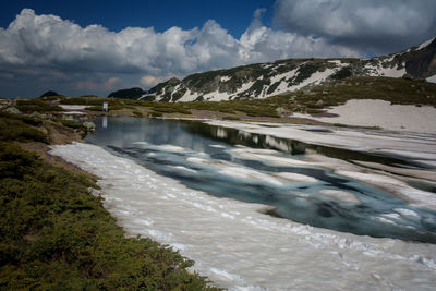 Scenic view of river amidst mountains against sky