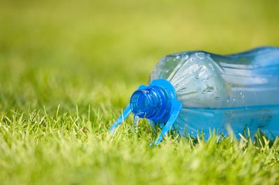 Close-up of blue plastic bottle on a grass