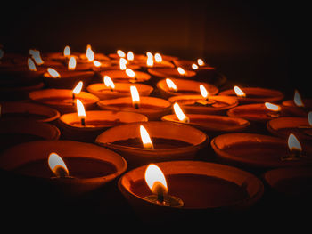 Close-up of burning candles in temple