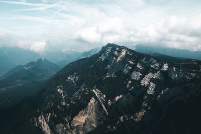 Aerial view of mountain range against cloudy sky