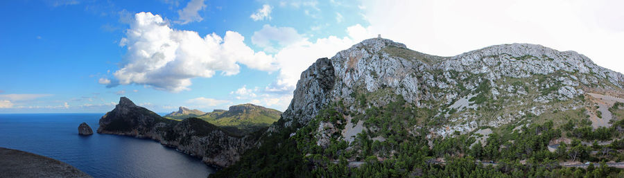 Panoramic view of sea and mountains against sky