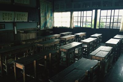 Empty chairs and table in abandoned room