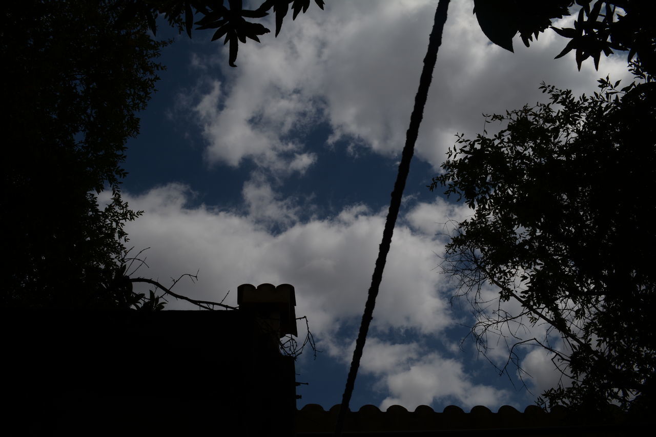 LOW ANGLE VIEW OF SILHOUETTE BUILDING AGAINST CLOUDY SKY