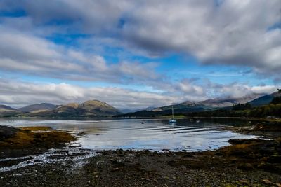 Scenic view of lake against cloudy sky