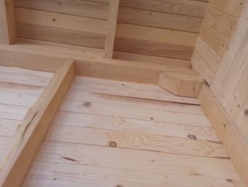 High angle view of wooden floor in house