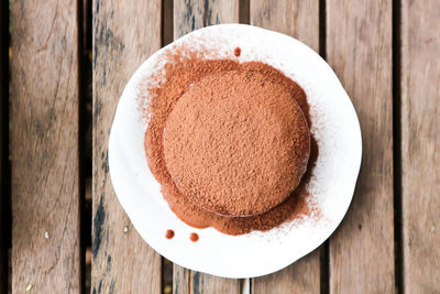 High angle view of cake in plate on table