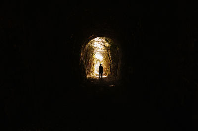 Silhouette man standing in tunnel at forest