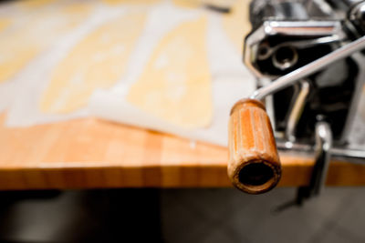 Close-up of machine on table