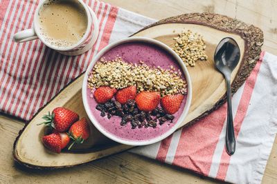 High angle view of breakfast on table