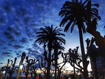 Low angle view of silhouette palm trees against sky