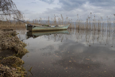 Boat moored in lake against sky