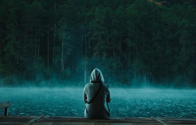 Rear view of person looking at waterfall in forest