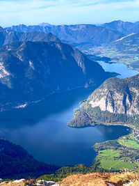 Aerial view of lake by mountain against sky