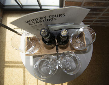 High angle view of water in glass on table